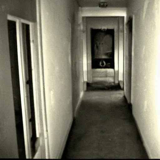 Prompt: old camcorder footage of a ghost in the hallway of an apartment