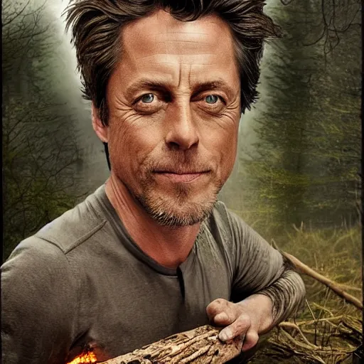 Image similar to hugh grant man vs wild, born survivor, face with beard, extreme, extreme log shot, wide shote, forest, fear, worms, bonfire, mud, man in white t - shirt, art by miyazaki hayao,