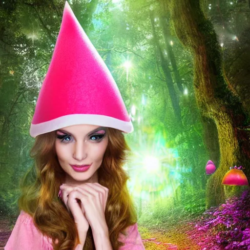 Prompt: an elf lady with a puffy pink dress wearing a large amanita mushroom hat with rainbow glasses on her face in a magical forest, epic digital art