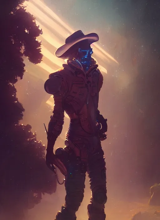 Image similar to The Space Cowboy standing outside of a space station smoking his cigar, extremely detailed digital painting, in the style of Fenghua Zhong and Ruan Jia and jeremy lipking and Peter Mohrbacher, mystical colors, rim light, beautiful Lighting, 8k, stunning scene, raytracing, octane, trending on artstation