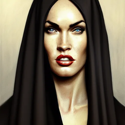 Image similar to portrait of megan fox as a nun, in tight black robe, muscular upper body, collar, greek, jewelry, black dress, fantasy, intricate, elegant, highly detailed, digital painting, artstation, concept art, matte, sharp focus, illustration, art by aenaluck and roberto ferri and greg rutkowski, epic fantasy, digital painting