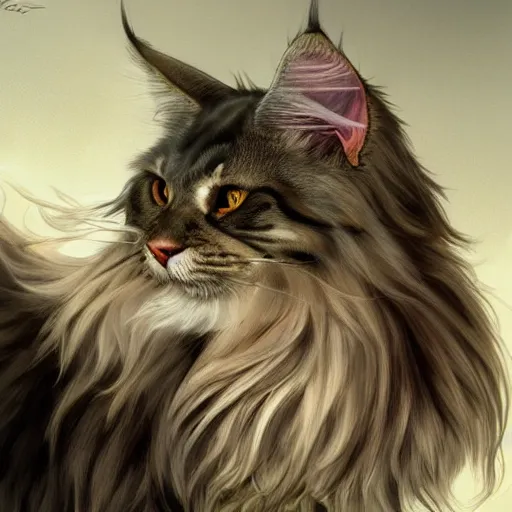 Image similar to maine coon, anthropomorphic large maine coon, dnd bipedal character, musketeer outfit, aware. furry. dnd character concept, dnd digital painting, dnd artstation, dnd concept art, smooth, super sharp focus, illustration, art by artgerm and h r giger and alphonse mucha