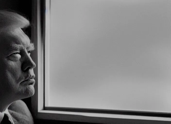 Image similar to screenshot from moody scene of Donald Trump looking out window, in High and Low, 1963 film directed by Akira Kurosawa, kodak film stock, black and white, anamorphic lens, 4K, detailed, stunning cinematography and composition shot by Takao Saito, 70mm