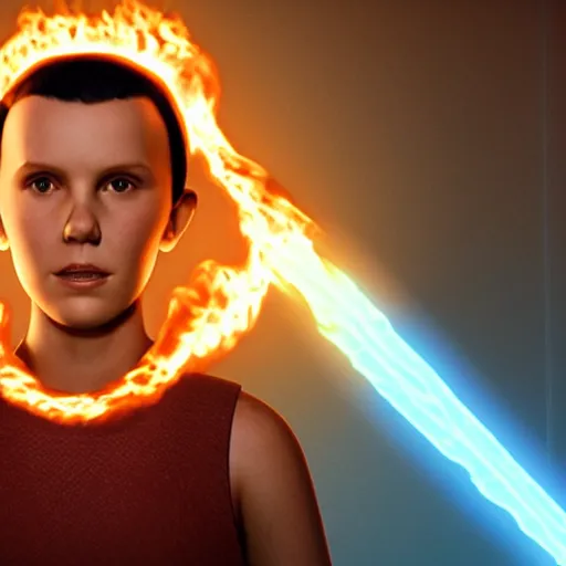 Image similar to Millie Bobby Brown made of fire, octane render