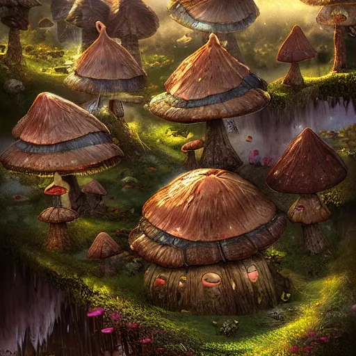 Image similar to a fairy mushroom house village, fantasy, hyper detailed, cinematic atmosphere, arnold render, trending on artstation, cgsociety