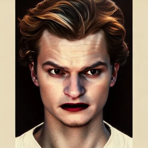 Image similar to portrait painting of actor joe keery as a vampire, ultra realistic, concept art, intricate details, eerie, highly detailed, photorealistic, octane render, 8 k, unreal engine. art by artgerm and greg rutkowski and charlie bowater and magali villeneuve and alphonse mucha