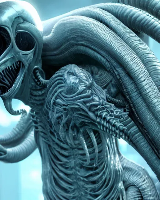 Image similar to cinematic full - body - shot still of kim kardashian being mouth fed by an xenomorph in a transparent alien liquid, wet flowing hair, gooey skin, illustration, unreal engine 5, 8 k, made by h. r. giger.