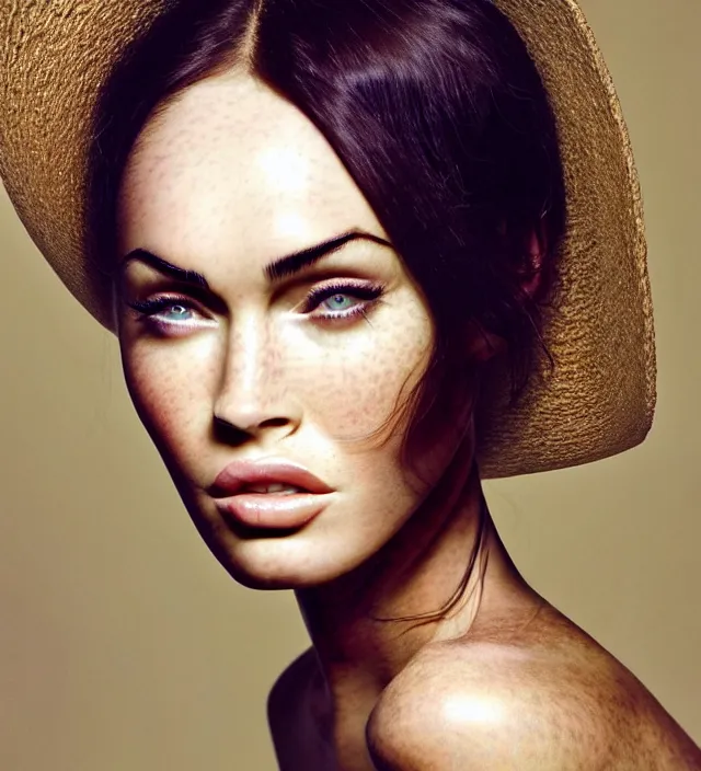 Image similar to photography facial portrait of megan fox, natural background, natural pose, wearing a stunning hat by iris van herpen, with a subtle colorfull - makeup. highly detailed, skin grain detail, photography by paolo roversi, nick knight, helmut newton, avedon, araki