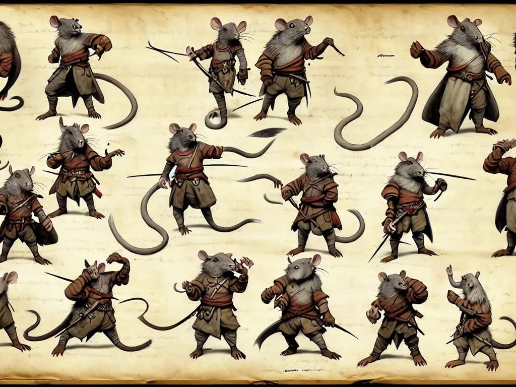 Prompt: character design sheet for a group of heroic rat pirates on a parchment background, redwall, greg rutowski and jean baptiste monge, very very detailed, epic fantasy concept art