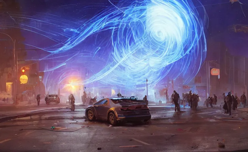 Image similar to people with posters attacking cops, a huge blue spiral - shaped white luminous attractor is floating on the horizon near the sun, stores in los angeles with light screens all over the street, concept art, art for the game, professional lighting, dark night lighting from streetlights, by ilya repin