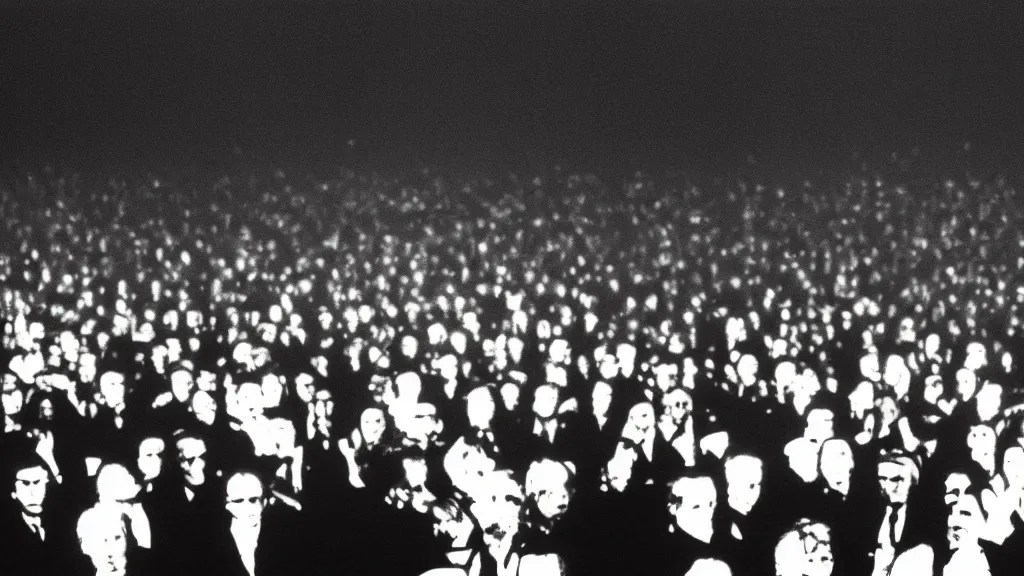 Image similar to movie still of a crowd saying good morning, cinematic composition, cinematic light, by david lynch