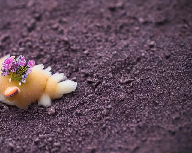 Prompt: 8 5 mm food photography of naruto made of sand near a garden with dof and bokeh and flowers o