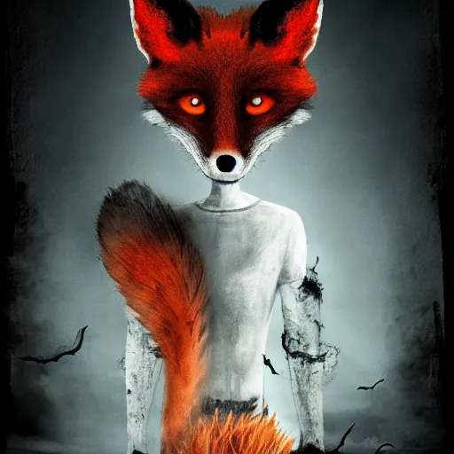 Prompt: movie poster for a horror movie featuring an anthropomorphic male fox dressed in casual clothing, dark and spooky Halloween theme