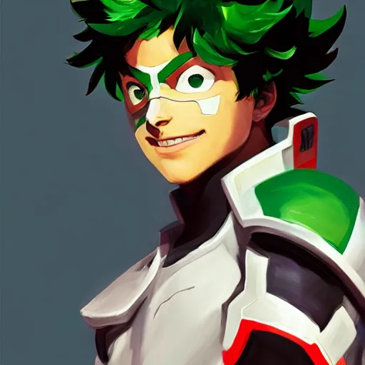 Image similar to greg manchess portrait painting of izuku midoriya as overwatch character, medium shot, asymmetrical, profile picture, organic painting, sunny day, matte painting, bold shapes, hard edges, street art, trending on artstation, by huang guangjian and gil elvgren and sachin teng