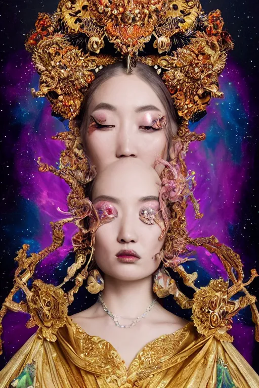 Image similar to a beautiful empress portrait, with a brilliant, impossible striking big cosmic galaxy headpiece, clothes entirely made out of cosmos chaos energy, symmetrical, dramatic studio lighting, rococo, baroque, jewels, asian, hyperrealism, closeup, D&D, fantasy, intricate, elegant, highly detailed, digital painting, artstation, octane render, 8k, concept art, matte, sharp focus, illustration, art by Artgerm and Greg Rutkowski and Alphonse Mucha