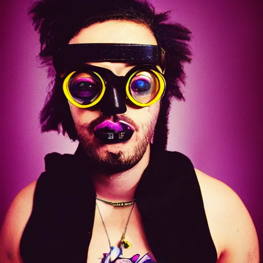 Image similar to kodak ektar 1 0 0 photograph of a nerdy goth guy with lip piercings wearing goggles and eclectic jewelry, moody lighting, telephoto, 9 0 s vibe, rave background, vaporwave colors, faded!,