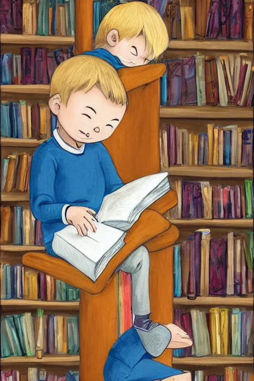 Image similar to a little boy with blonde hair sits cross legged on top of a tall pile of books. he is reading. clean elegant pretty cartoon painting, beautiful detailed face, storybook illustration.