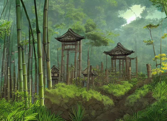 Image similar to deep in a japanese bamboo forest, ancient ruined temple in distance, sunny, cartoony, sketched, mid day, realistic lighting, by ghibli studio, arcane, wild rift, trending on artstation, 4 k, hd