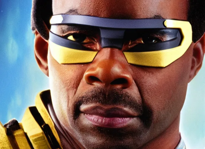Image similar to hyper realistic ultra realistic photograph of LeVar Burton Lieutenant Commander geordi laforge, wide angle, highly detailed, 8k photograph