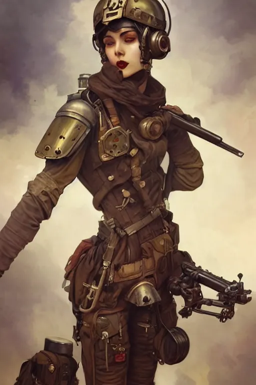 Prompt: dieselpunk soldier girl, helmet, shoulders, chest, portrait, armored, highly detailed, sharp focus, art, illustrations by wlop and alfons maria mucha and irakli nadar and loish and rossdraws