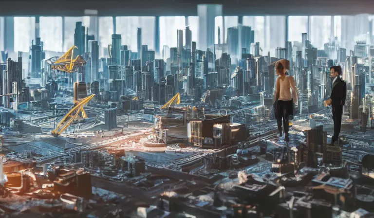 Image similar to group of people in simple warehouse, looking at hologram of futuristic city on a table, cinematic concept art, godrays, golden hour, natural sunlight, 4 k, clear details, tabletop model buildings, center model buildings, hologram center, crane shot, crane shot, crane shot