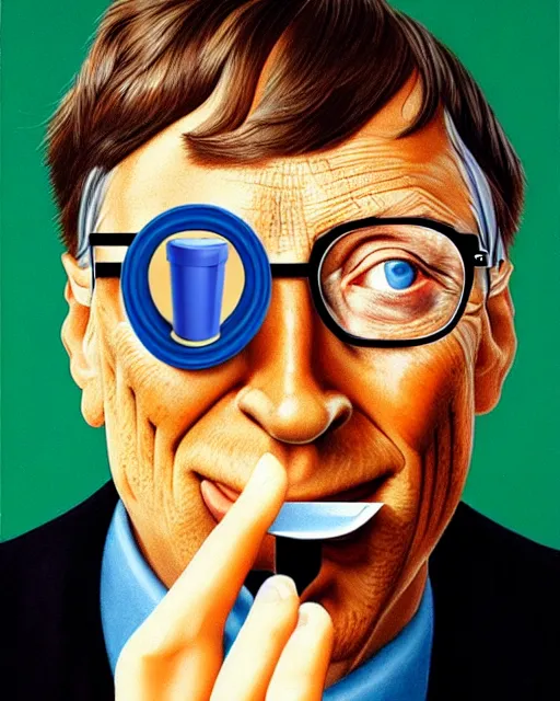 Prompt: a realistic detailed portrait of bill gates eating a microchip, painting by magritte