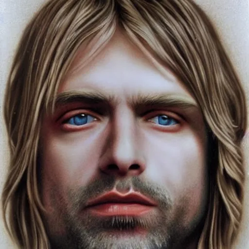 Image similar to Kurt Cobain as Jesus Christ, hyperrealism, detailed portrait