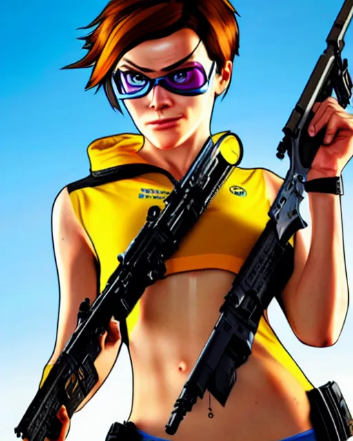 Prompt: gta 5, grand theft auto 5 cover art of tracer from overwatch