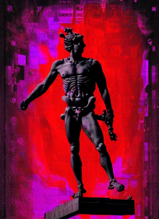 Image similar to black background with red and purple design elements, statue of hercules, ( ( ( skeleton ) ) ), grey, thin lines, dark,, glitch art, neo vaporwave, gritty, movie poster, layout design, trending on artstation