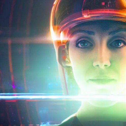Image similar to woman interacting with small holographic display floating in front of her face, from the expanse ( 2 0 1 5 )