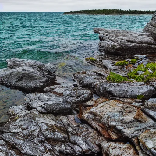 Image similar to rocky shore of the Bruce Peninsula on an overcast day, rain droplets falling in the water, 8k photo