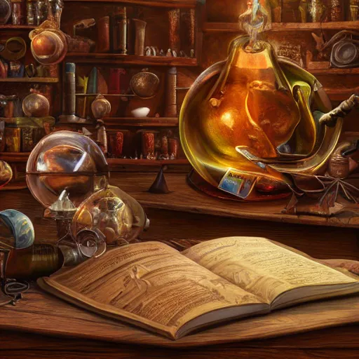 Prompt: hyper real, table, magic book, wizards laboratory, tony sart, mortar, pestle, scales, energy flowing, ancient brown map, beakers of colored liquid