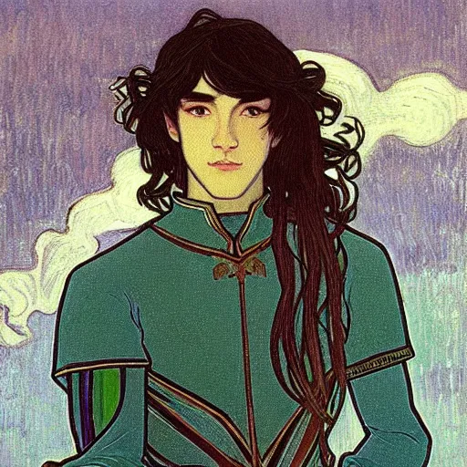 Image similar to painting of young handsome beautiful paladin elf!! man with long! wavy dark hair in his 2 0 s named taehyung minjun at the blueberry party, wearing armor!, long hair, elf ears, elegant, clear, painting, stylized, delicate, soft facial features, art, art by alphonse mucha, vincent van gogh, egon schiele,