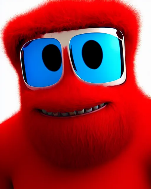 Image similar to 3 d render of completely red hairy friendly antropomorphic simple creature wearing chrome shades, without nose, full body, in the style of pixar, white background, unreal engine 5, octane render, highly detailed hdr