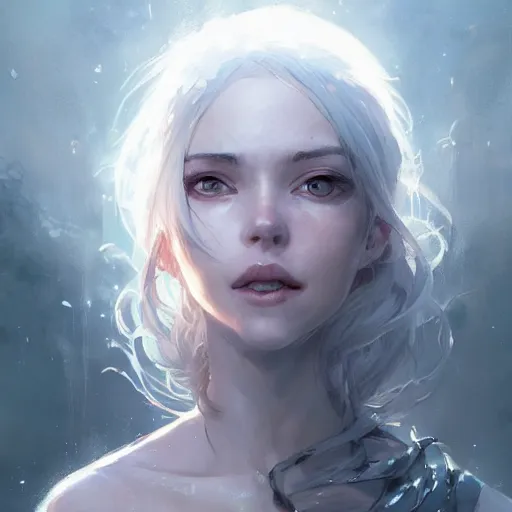 Prompt: a portrait of a beautiful lady with adorable eyes, beautiful eyes, looking up onto the sky, light smiling, art of wlop and greg rutkowski, epic fantasy art, bright light masterpiece, ray of light through white hair