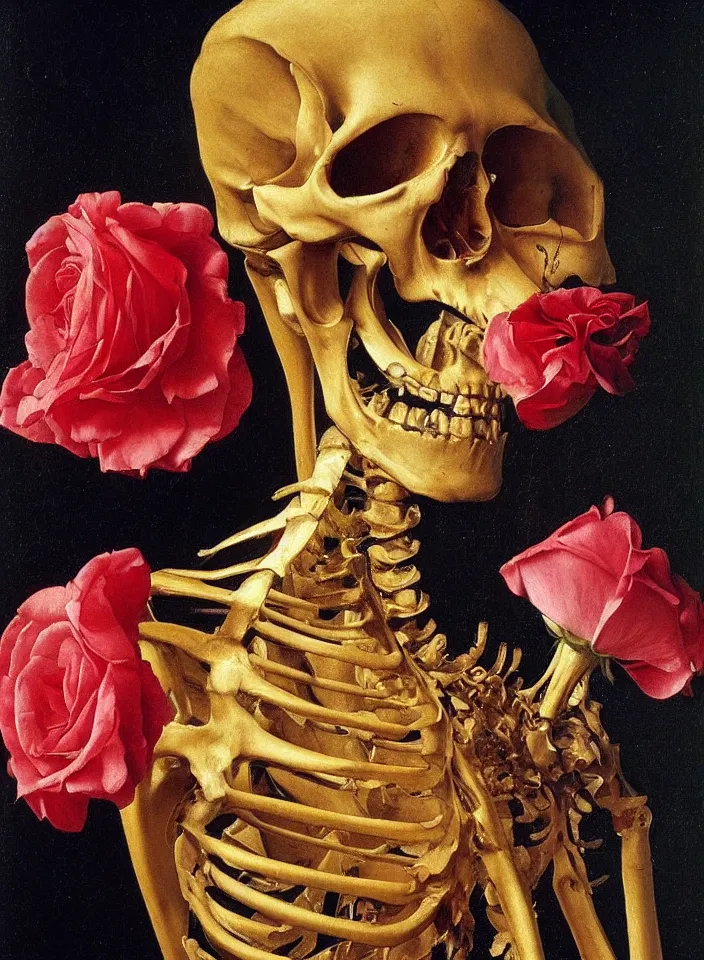 Image similar to a portrait of a gold skeleton , beautiful rose petal dress, oil painting in a renaissance style , very detailed, painted by Caravaggio.