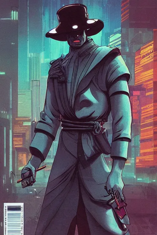 Image similar to 1 9 7 9 omni magazine cover of neo in a samurai hat. piercing gaze. simple stylized cyberpunk photo by josan gonzalez.