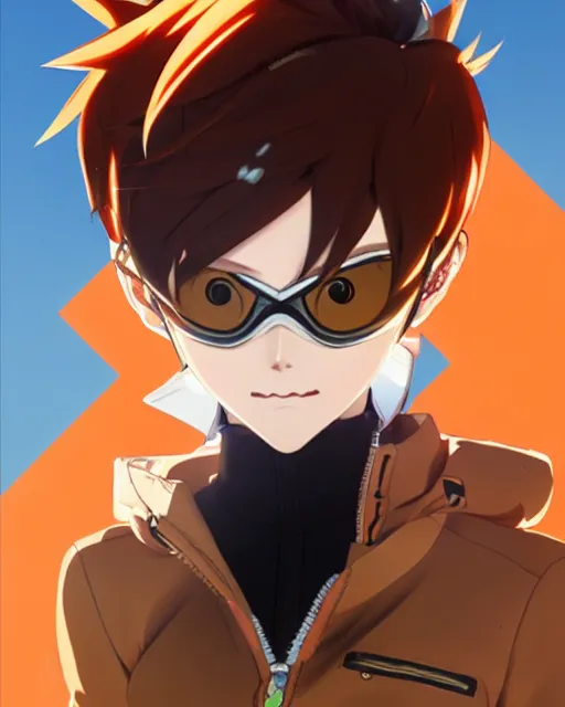 Image similar to Anime as Tracer Overwatch wearing brown leather coat; in orange-tinted snowboard mask || cute-fine-face, pretty face, realistic shaded Perfect face, fine details. Anime. realistic shaded lighting poster by Ilya Kuvshinov katsuhiro otomo ghost-in-the-shell, magali villeneuve, artgerm, Jeremy Lipkin and Michael Garmash and Rob Rey as Overwatch Tracer cute smile