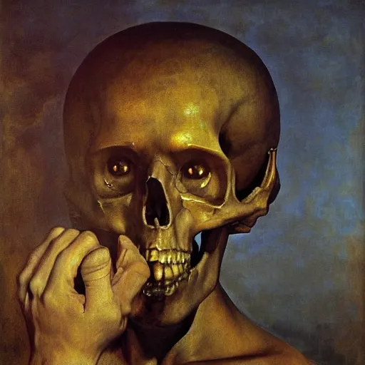 Image similar to Realistic painting of a swordsman with a skull for a face high-detailed oil painting by Ilya Repin, William Blake, Michelangelo da Caravaggio, Alex Grey and Beksinski, masterpiece, 4k