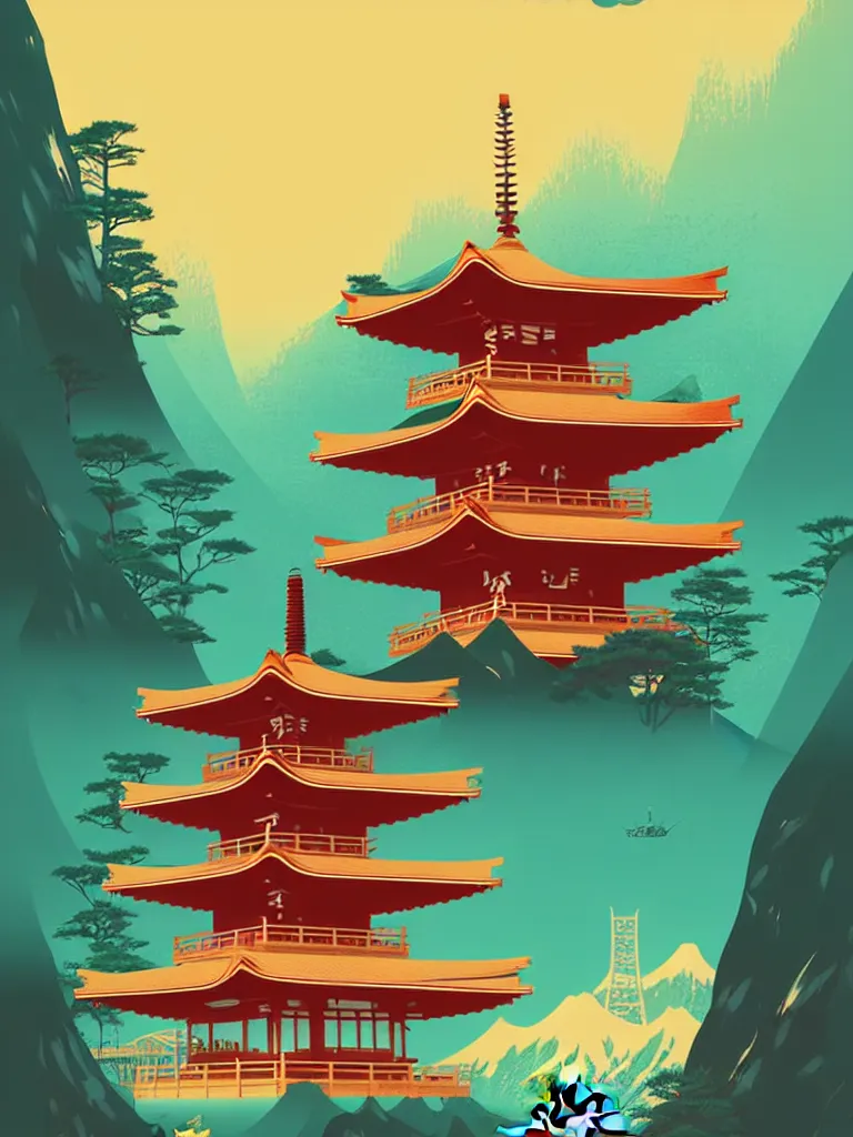 Image similar to a travel poster illustration depicting a japanese pagoda, vintage style, detailed illustration, digital painting, vector art, trending on artstration, by anton fadeev, by alena aenami