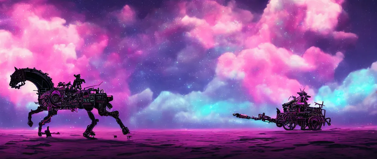 Image similar to space, a horse - drawn, a mechanical horse with a pink mohawk drives a pirate spaceship, punk, hyperdetailed illustration, stars, pink, neon, oil painting, rich deep colors masterpiece, pirate neon ship, ultra detailed, contrast, heaven pink, clouds, volumetric light, atmospheric lighting, dramatic, cinematic, moody, octane render 4 k, 8 k