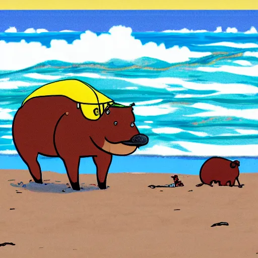 Image similar to capybaras having fun at the beach by bored ape yacht club and matt groening and bojack horseman