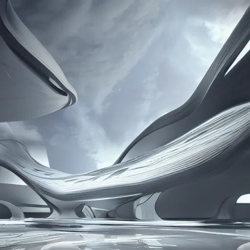 Image similar to Zaha Hadid in his body fly in the sky in his fantasy world design by Zaha unreal engine vray