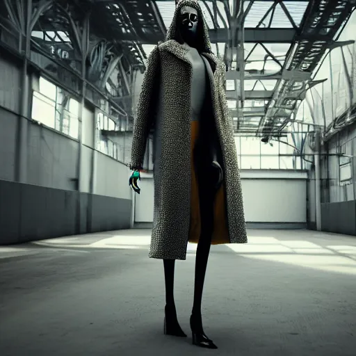 Image similar to robot runway model, hyper detailed ultrasharp beautiful, robotic face, long curly hair, wearing a long tan coat, high fashion, haute couture, cluttered abandoned warehouse environment, dramatic lighting, octane render, 8 k