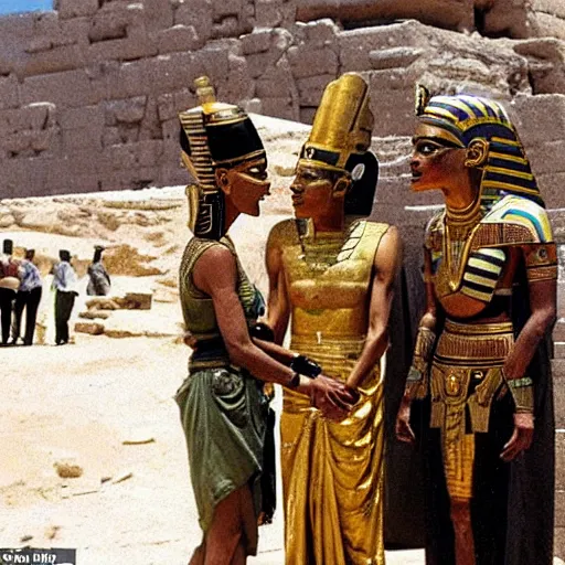 Prompt: a rare candid scene of nefertiti and tutankhamun both in non royal attire at the construction of the khufu pyramid talking to workers from the latest oscar winning christopher nolan live action film'before they were pharohes'