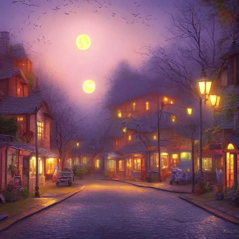 Image similar to town inspired by Evgeny Lushpin stores,cottages,streets,spring, midnight,full moon,cinematic,