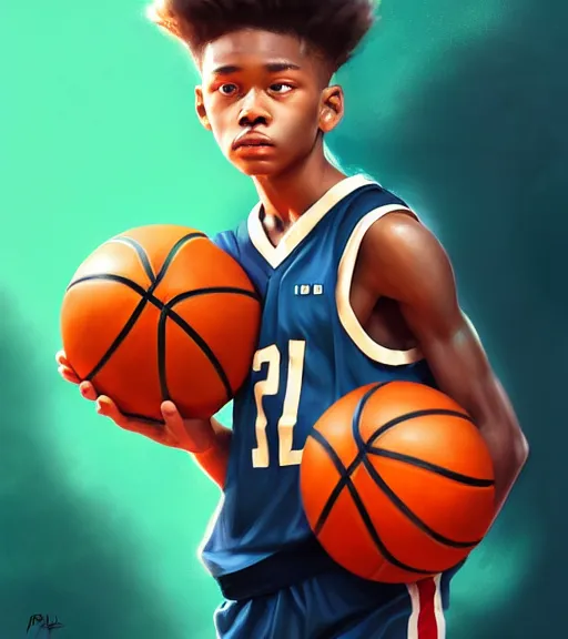 Prompt: portrait of a boy holding a basketball playing basketball wearing a basketball uniform in a basketball court, intricate, elegant, highly detailed, centered, digital painting, artstation, concept art, smooth, sharp focus, illustration, by Peter Mohrbacher, WLOP