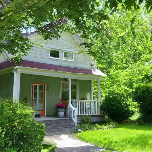 Prompt: a cottage with a lush front yard, with a weird creature