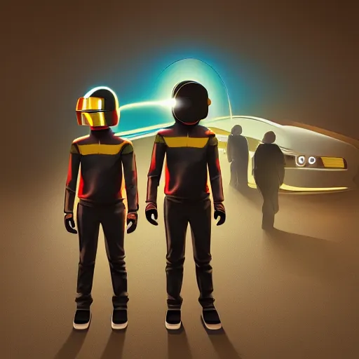 Prompt: miniature daft punk kids standing back to back, twilight zone background, illustration, artgerm, octane render, inspired by Greg rutkowski, colorful, studio lighting, full body,