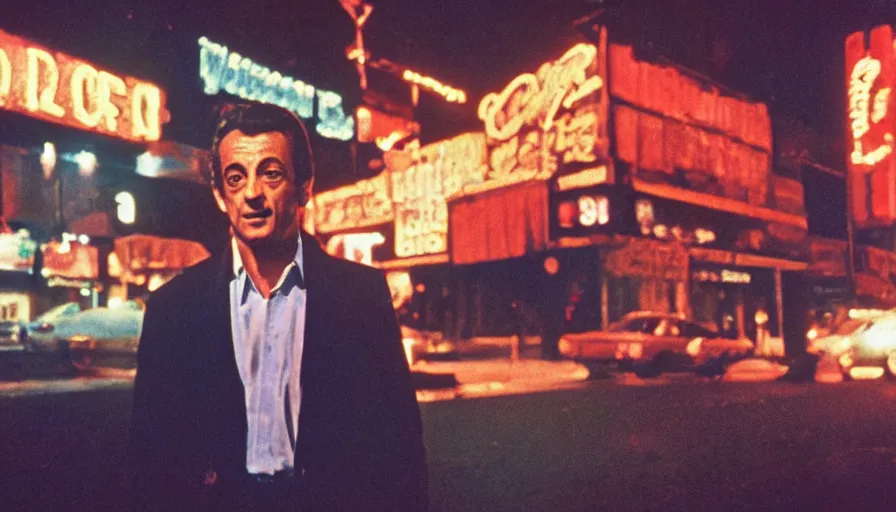 Prompt: 70s movie still of one Nicolas Sarkozy with cocaine , cinestill 800t 18mm heavy grain, cinematic, dramatic dark lighning, brooklyn neon boards